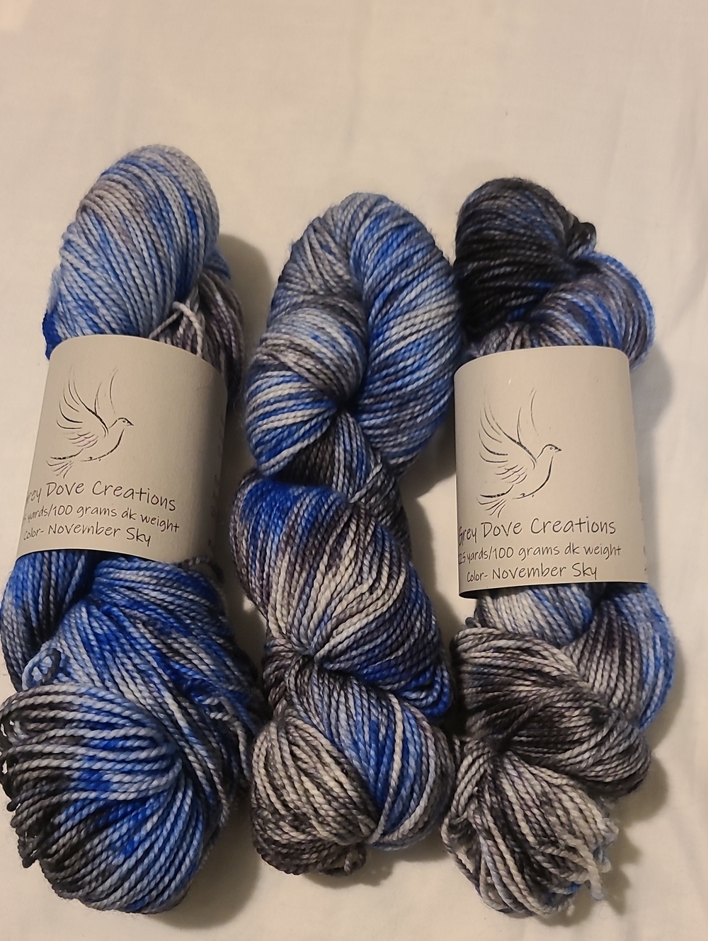 November Sky Hand-Dyed Blue & Gray DK Yarn 3 Pk, By Grey Dove Creations